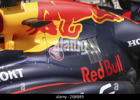 Red Bull Racing RB20, Motorabdeckung mit mechanischer Detailzeichnung während des Formel-1-Großen Preises von Ungarn 2024, 13. Runde der Formel-1-Weltmeisterschaft 2024 vom 19. Bis 21. Juli 2024 auf dem Hungaroring in Mogyorod, Ungarn Stockfoto