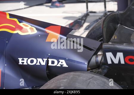 Red Bull Racing RB20, Motorabdeckung mit mechanischer Detailzeichnung während des Formel-1-Großen Preises von Ungarn 2024, 13. Runde der Formel-1-Weltmeisterschaft 2024 vom 19. Bis 21. Juli 2024 auf dem Hungaroring in Mogyorod, Ungarn Stockfoto
