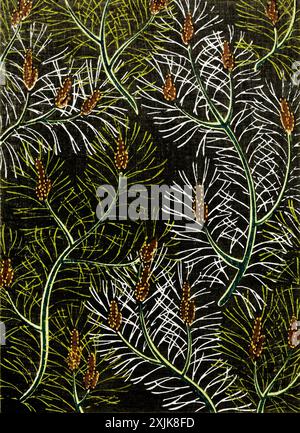Blattstempel Batik. Blattmuster. Sanfte digitale Illustration mit komplizierten Blattdesigns in Erdtönen. Elegant und von Natur inspiriert, perfekt für jeden Stockfoto