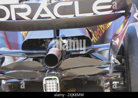 Red Bull Racing RB20, Motorabdeckung mit mechanischer Detailzeichnung während des Formel-1-Großen Preises von Ungarn 2024, 13. Runde der Formel-1-Weltmeisterschaft 2024 vom 19. Bis 21. Juli 2024 auf dem Hungaroring in Mogyorod, Ungarn Stockfoto