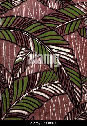 Blattstempel Batik. Blattmuster. Sanfte digitale Illustration mit komplizierten Blattdesigns in Erdtönen. Elegant und von Natur inspiriert, perfekt für jeden Stockfoto