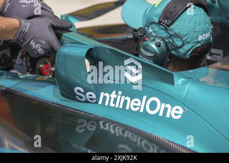 Aston Martin F1 Team AMR23, mechanisches Detail, Halo während des Formel 1 Grand Prix 2024 von Ungarn, 13. Runde der Formel-1-Weltmeisterschaft 2024 vom 19. Bis 21. Juli 2024 auf dem Hungaroring in Mogyorod, Ungarn Stockfoto