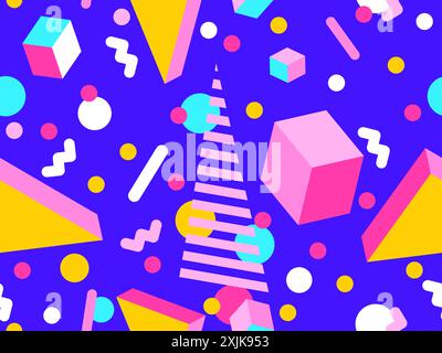 Nahtloses geometrisches Muster im Stil der 80er Jahre. Farbenfrohes geometrisches Muster mit isometrischen geometrischen 3D-Formen. Design von Werbemitteln, Geschenkpapier Stock Vektor
