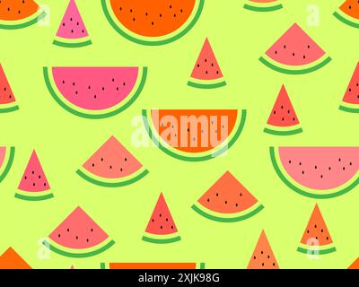Nahtloses Wassermelonen-Muster. Dreieckige Scheiben von Wassermelonen. Geschnittene Wassermelonenscheiben, tropischer Sommer-Hintergrund. Design für Tapeten, Verpackungen, c Stock Vektor