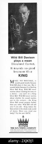 Ein Werbespot für King Cornets mit dem Jazz-Größen Wild Bill Davison. Aus einem Musikmagazin der Mitte der 1960er Jahre. Stockfoto