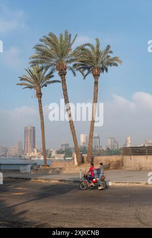 Kairo, Ägypten. Juli 2024. Palmen neben der Qasr El Nil-Brücke und dem Nil in der Innenstadt von Kairo. (Foto: John Wreford/SOPA Images/SIPA USA) Credit: SIPA USA/Alamy Live News Stockfoto