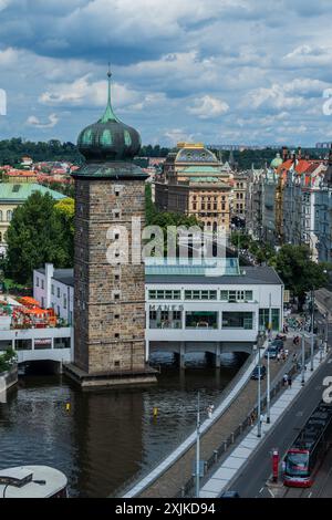 Blick auf die Stadt von der Dachbar des Dancing House, oder Ginger and Fred (Tančící dům), ist der Spitzname des Gebäudes nationale-Nederlanden Stockfoto