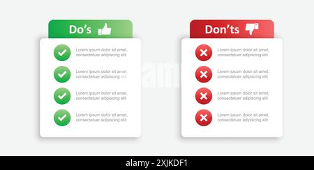 Do and Do Symbol in flacher Form. DOS- und Don'TS-Vektorillustration auf isoliertem Hintergrund. Vor- und Nachteile unterzeichnen Geschäftskonzept. Stock Vektor