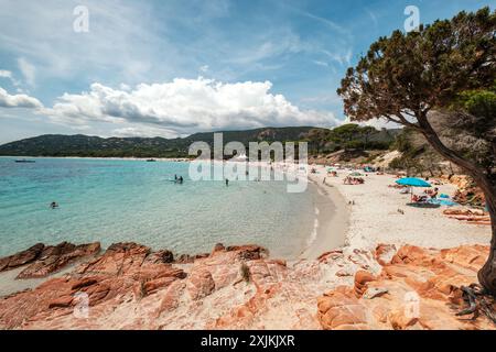 Urlauber genießen Sonne, Sand und azurblaues Mittelmeer am Strand von Palombaggia an der Südostküste der Insel Korsika Stockfoto