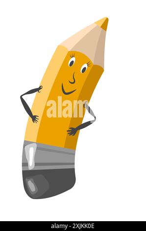 Die Illustration zeigt eine fröhliche gelbe Bleistiftfigur mit einem freundlichen Gesicht, komplett mit Augen, Wimpern und einem Lächeln. Der Bleistift hat schwarze Arme Stock Vektor