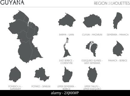 Silhouetten der Region Guyana und leere Karte des Landes isoliert auf weißem Hintergrund. Vektorgrafik Stock Vektor