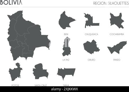 Silhouetten der Bolivien-Region und leere Landkarte des Landes isoliert auf weißem Hintergrund. Vektorgrafik Stock Vektor