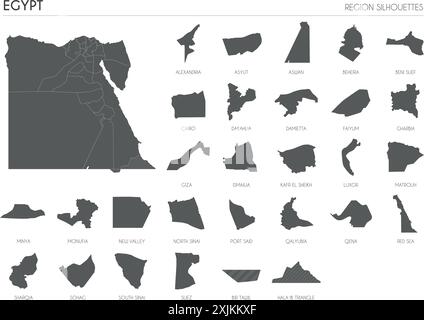 Silhouetten der Region Ägypten und leere Karte des Landes isoliert auf weißem Hintergrund. Vektorgrafik Stock Vektor