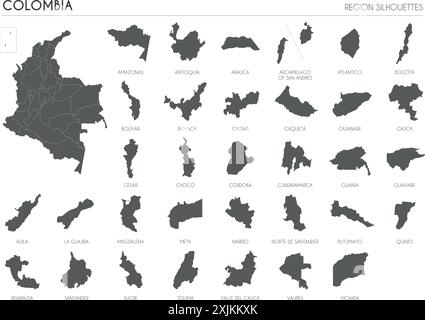 Kolumbien Region Silhouetten gesetzt und leere Karte des Landes isoliert auf weißem Hintergrund. Vektorgrafik Stock Vektor