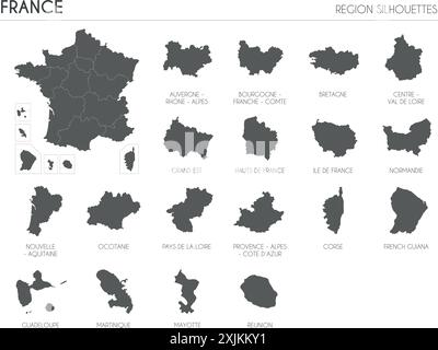 Silhouetten der Region Frankreich und leere Landkarte des Landes isoliert auf weißem Hintergrund. Vektorgrafik Stock Vektor