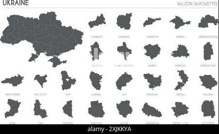 Silhouetten der Ukraine-Region und leere Karte des Landes isoliert auf weißem Hintergrund. Vektorgrafik Stock Vektor