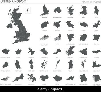 Silhouetten der Region Großbritannien und leere Landkarte des Landes isoliert auf weißem Hintergrund. Vektorgrafik Stock Vektor