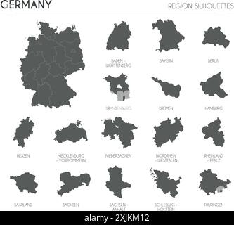 Silhouetten der Region Deutschland und leere Karte des Landes isoliert auf weißem Hintergrund. Vektorgrafik Stock Vektor