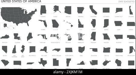 Silhouetten der USA-Region und leere Landkarte des Landes isoliert auf weißem Hintergrund. Vektorgrafik Stock Vektor