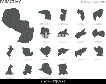 Paraguay Region Silhouetten gesetzt und leere Karte des Landes isoliert auf weißem Hintergrund. Vektorgrafik Stock Vektor