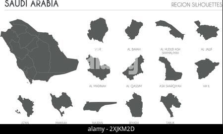 Silhouetten der Region Saudi-Arabien und leere Karte des Landes isoliert auf weißem Hintergrund. Vektorgrafik Stock Vektor