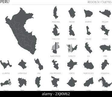 Perus Region Silhouetten gesetzt und leere Karte des Landes isoliert auf weißem Hintergrund. Vektorgrafik Stock Vektor