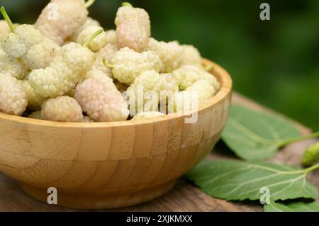 Frische weiße Maulbeeren in Schüssel auf Holztisch im Garten, Sommerfrucht-Konzept Stockfoto