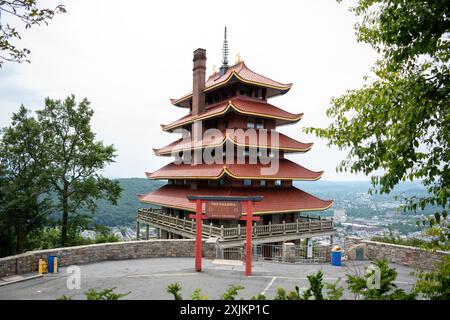 Überblick über eine asiatische Pagode mit Blick auf einen Wald und eine Stadt. Stockfoto