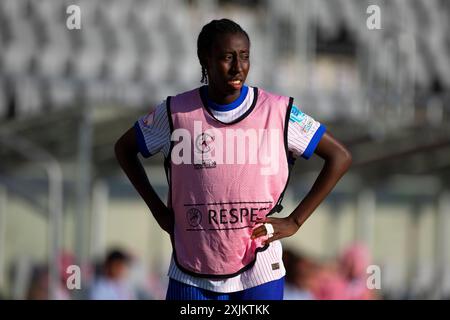 Kaunas, Litauen, 17. Juli 2024. Naolia Traore aus Frankreich reagiert beim Finale der UEFA-U19-Meisterschaft 2023/2024 in der Gruppe A zwischen Litauen und Frankreich im Darius- und Girenas-Stadion in Kaunas, Litauen. Juli 2024. Quelle: Nikola Krstic/Alamy Stockfoto