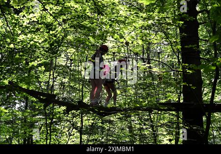 PRODUKTION - 19. Juli 2024, Hessen, Wiesbaden: Zwei junge Frauen sind auf Kurs im Kletterwald Neroberg. Der Kletterpark für junge und erfahrene Freizeitsportler liegt auf Wiesbadens Hausberg, umgeben von Buchen und Eichen. Der höchste Punkt ist ein Abenteuernest in einer Höhe von 25 Metern. Foto: Arne Dedert/dpa Stockfoto