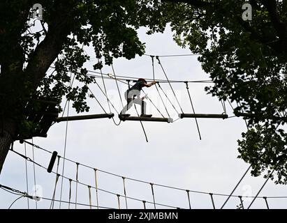 PRODUKTION - 19. Juli 2024, Hessen, Wiesbaden: Der Kletterwald Neroberg ist der Ort für einen kleinen Jungen. Der Kletterpark für junge und erfahrene Freizeitsportler liegt auf Wiesbadens Hausberg, umgeben von Buchen und Eichen. Der höchste Punkt ist ein Abenteuernest in einer Höhe von 25 Metern. Foto: Arne Dedert/dpa Stockfoto