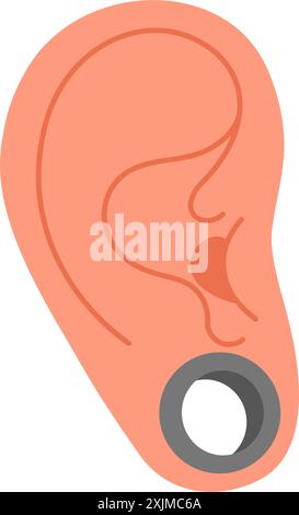 Ohrtunnelpiercing. Metalltunnel-Ohrring. Handgezeichnetes, trendiges, flaches, isoliertes Menschenohr mit Tunnel, gestrecktem Piercing. Großes Loch im Ohrläppchen Vektor-Illustration Stock Vektor