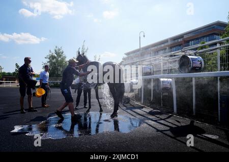Nach den Einsätzen der Ivan Crawford British EBF Maiden Fillies während des IRE Incentive Raceday auf der Newbury Racecourse wird ein Pferd mit Wasser und Fans gekühlt. Bilddatum: Freitag, 19. Juli 2024. Stockfoto