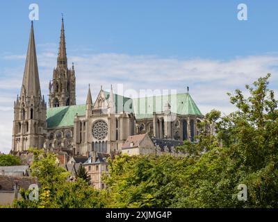 Südansicht der Kathedrale von Chartres, unserer Lieben Frau von Chartres, Cathédrale Notre-Dame de Chartres, Chartres, Eure-et-Loir, Frankreich Stockfoto