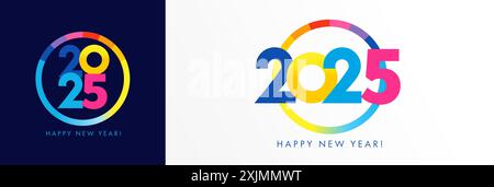 Happy New Year 2025, buntes, rundes Typografie-Logo. Farbdiagramm mit den Zahlen 2025 für das Geschäftskonzept oder den Jahresbericht. Vektorabbildung Stock Vektor