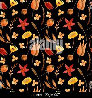 Herbst getrocknete Blumen und Blätter nahtloses Muster. Botanischer Hintergrund. Trockener Blumenhintergrund. Digitalpapier, Scrapbook-Papier. Zum Einpacken von Papier, fabri Stockfoto