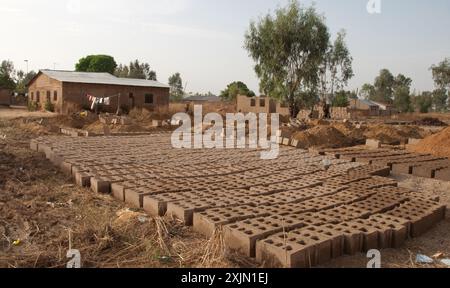 Ziegelfabrik, Kaduna Staat, Nigeria, Afrika - Ziegelsteine trocknen in der Sonne Stockfoto