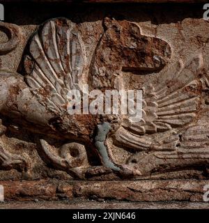 Mythische geflügelte Kreatur, vielleicht ein gryphon. Mittelalterliche Skulptur aus rotem Porphyr Veronese, Chiesa di Sant’Apollinare in Trient, Trentino-Südtirol, Italien. Es gibt eine offensichtliche Reparatur am Vorderbein des gryphons. Stockfoto