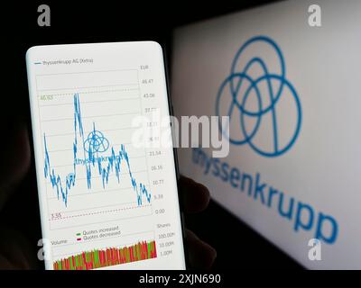 Stuttgart, Deutschland, 03-31-2023: Handybesitzer mit Webseite des deutschen Konzerns ThyssenKrupp AG auf dem Bildschirm vor dem Firmenlogo. Stockfoto