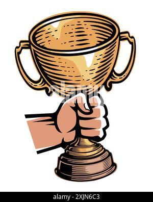 Goldener Siegerbecher in der Hand. Trophäenpreis, Preis. Vektorillustration isoliert auf weißem Hintergrund Stock Vektor
