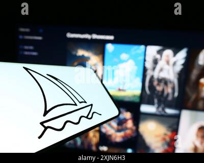 Stuttgart, 25.03.2023: Smartphone mit Logo des Künstlichen Intelligenz-Unternehmens MidJourney Inc. Auf dem Bildschirm vor der Website. Konzentrieren Sie sich auf Stockfoto