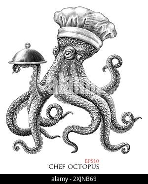 Chefkoch Octopus handgezeichnete Schwarzweiß-ClipArt im Vintage-Stil Stock Vektor