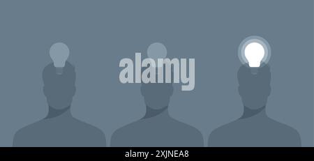 Zwei menschliche Silhouetten mit ausgeschalteten Glühbirnen über dem Kopf und eine Silhouette mit eingeschalteter Glühbirne. Illustration des flachen Vektors Stock Vektor