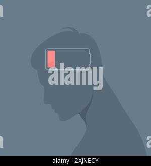 Männliche Silhouette mit einer entladenen Batterie im Kopf, flache Vektor-Illustration Stock Vektor