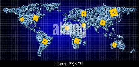 Globale wirtschaftliche Probleme und Weltwirtschaftskrise oder Probleme mit internationalen Geschäftsverbindungen mit vernetzten Zahnrädern in der Form Erde Stockfoto