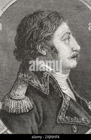 Charles Dugua (Charles Francois Joseph Dugua) (1744–1802). Französischer General während der Französischen Revolution. Er nahm an der Napoleonischen Kampagne in Ägypten und Syrien Teil. Hochformat. Zeichnung von Liénard. Stich von Pannemaker. "Geschichte der Französischen Revolution". Band I, 2. Teil, 1879. Stockfoto