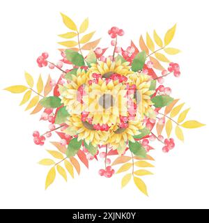 Aquarell Herbstillustration mit Sonnenblumen, Herbstblättern, Beeren isoliert auf weißem Hintergrund. Handgezeichnete Blumenkomposition. Rustikales Clipart. Leistung Stockfoto