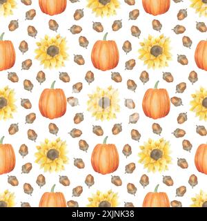 Aquarell Hand gezeichnetes nahtloses Herbst-Muster mit Kürbissen, Eicheln, Sonnenblumen auf weißem Hintergrund. Endloser Herbsthintergrund für Geschenkpapier Stockfoto