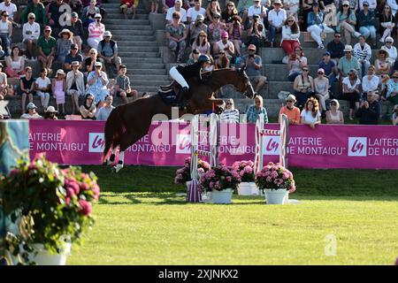 Megane Moissonnier aus Frankreich mit Bracadabra während des CSI5* Prix Mars & Co beim Jumping International de Dinard am 19. Juli 2024, Dinard, Frankreich (Foto: Maxime David - MXIMD Pictures) Stockfoto