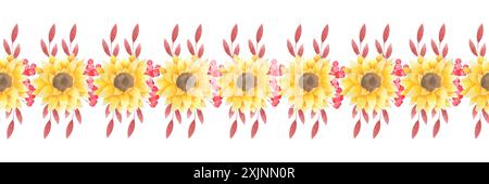 Aquarell Herbst nahtlose Grenze mit Sonnenblumen, gefallenen Blättern, Beeren auf weißem Hintergrund. Thanksgiving Tag Dekoration für Grußkarten, Scrapbo Stockfoto